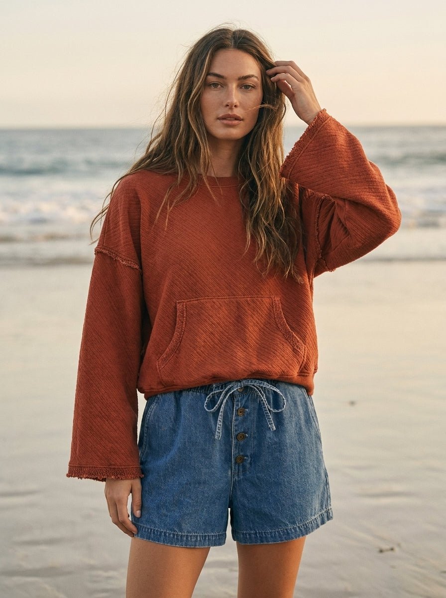 Del Mar Soft Texture Raw Edge Oversized Top - Westly
