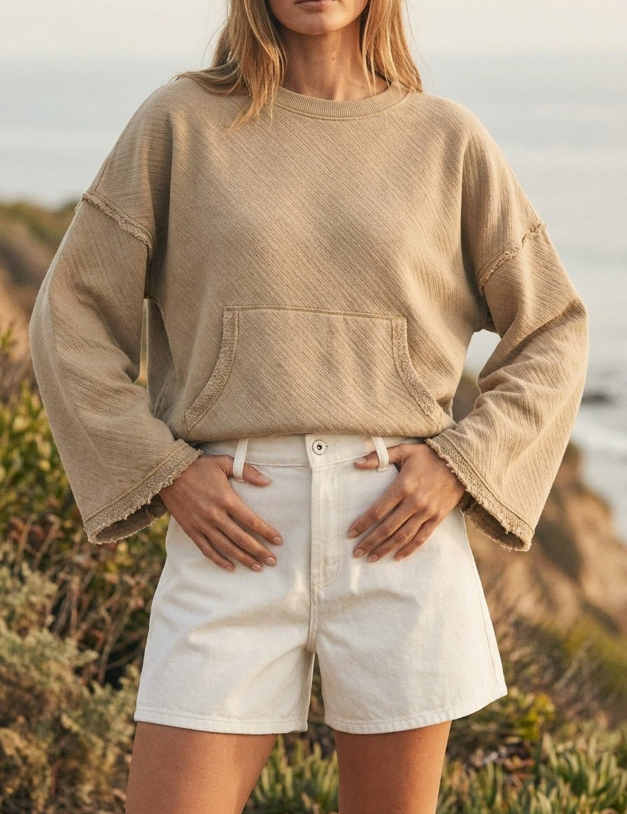 Del Mar Soft Texture Raw Edge Oversized Top - Westly