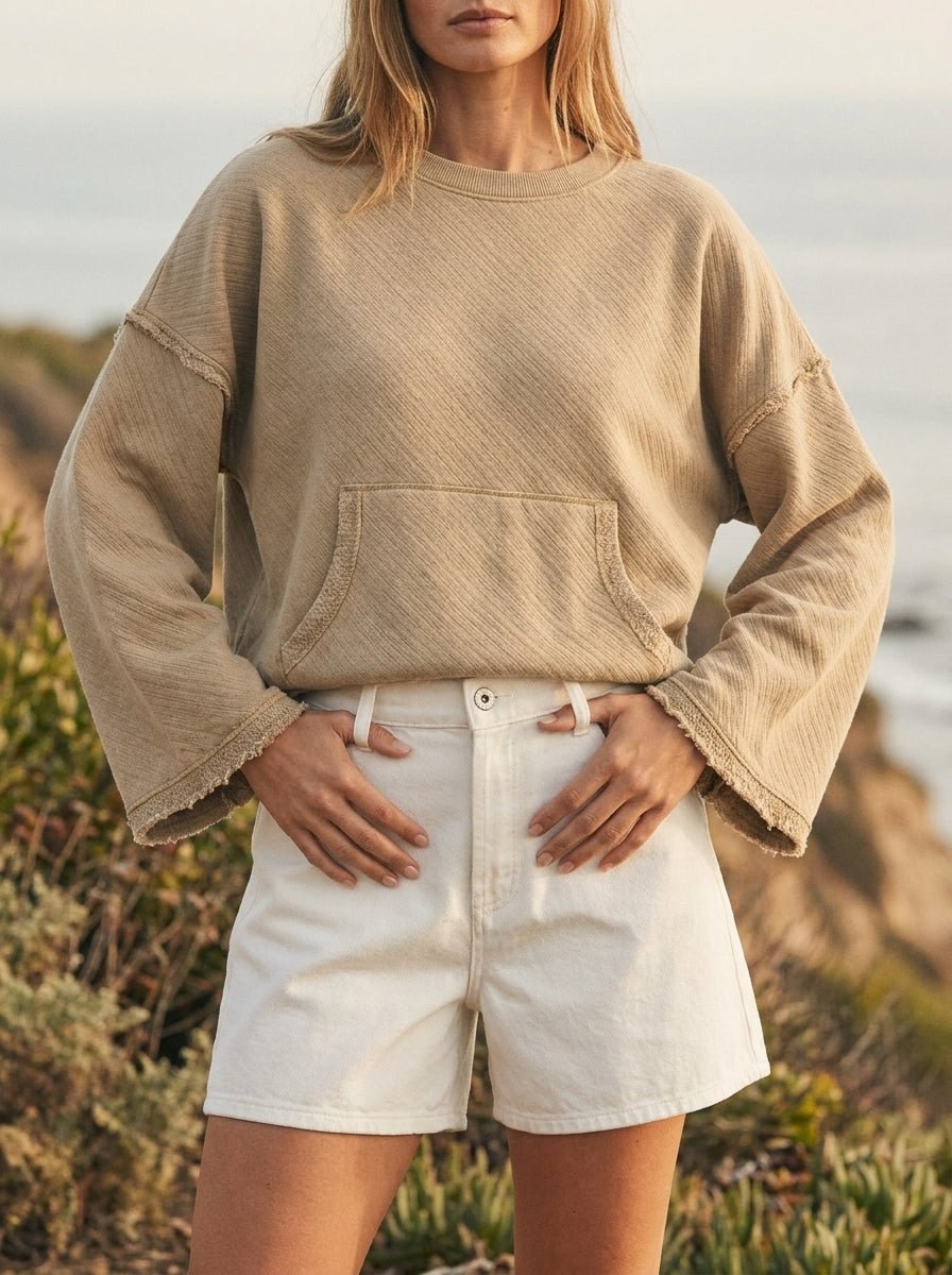 Del Mar Soft Texture Raw Edge Oversized Top - Westly