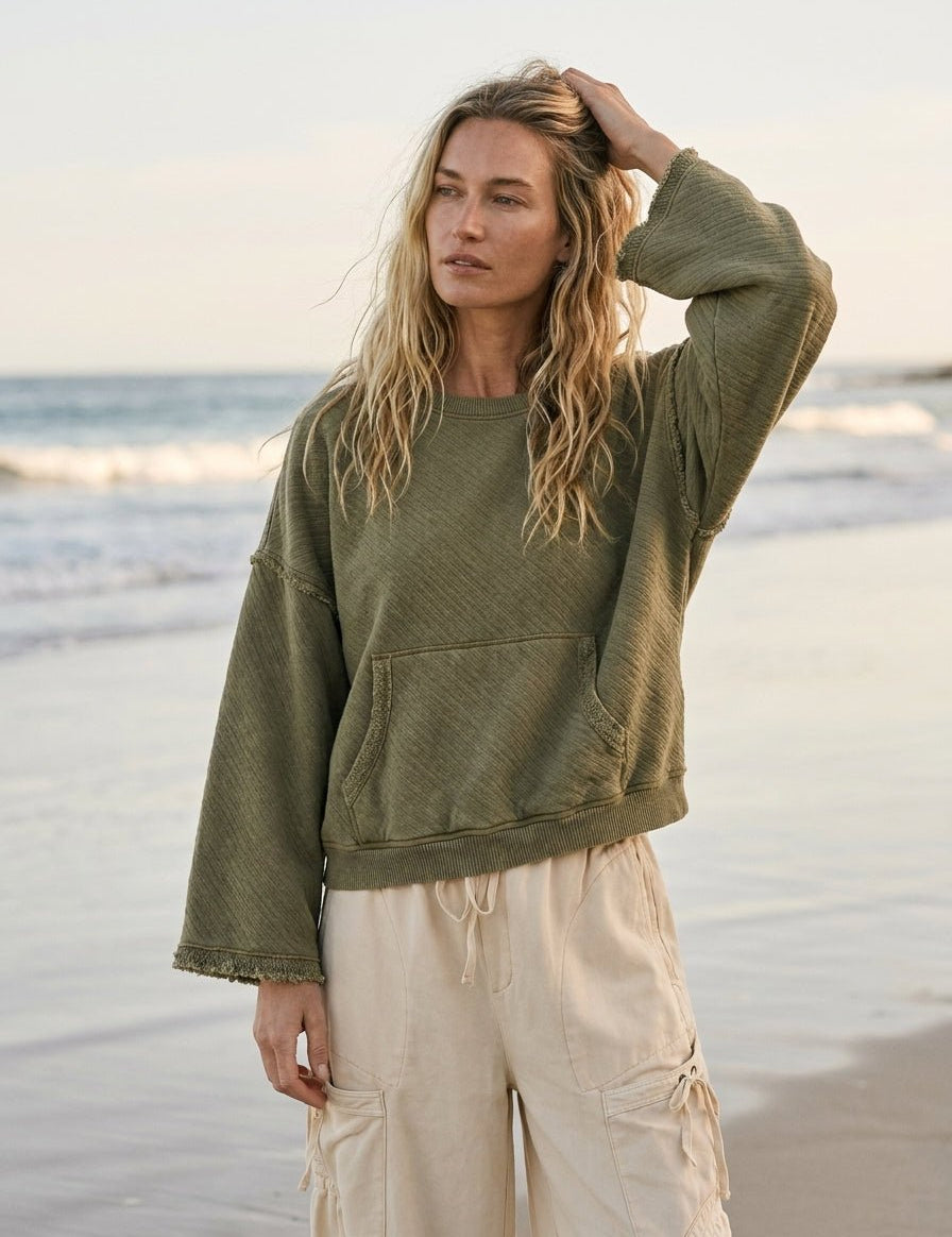 Del Mar Soft Texture Raw Edge Oversized Top - Westly