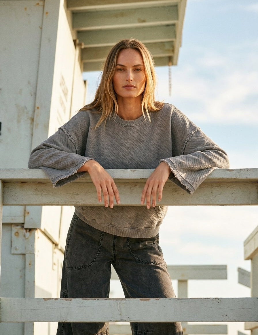 Del Mar Soft Texture Raw Edge Oversized Top - Westly