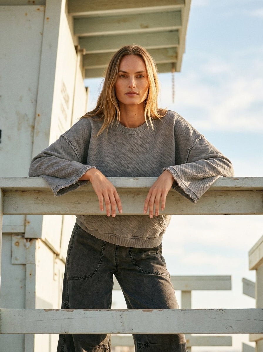 Del Mar Soft Texture Raw Edge Oversized Top - Westly