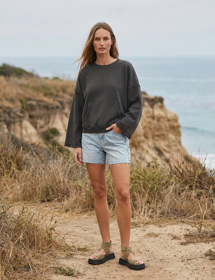 Del Mar Soft Texture Raw Edge Oversized Top - Westly