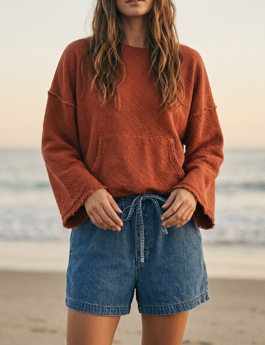 Del Mar Soft Texture Raw Edge Oversized Top - Westly