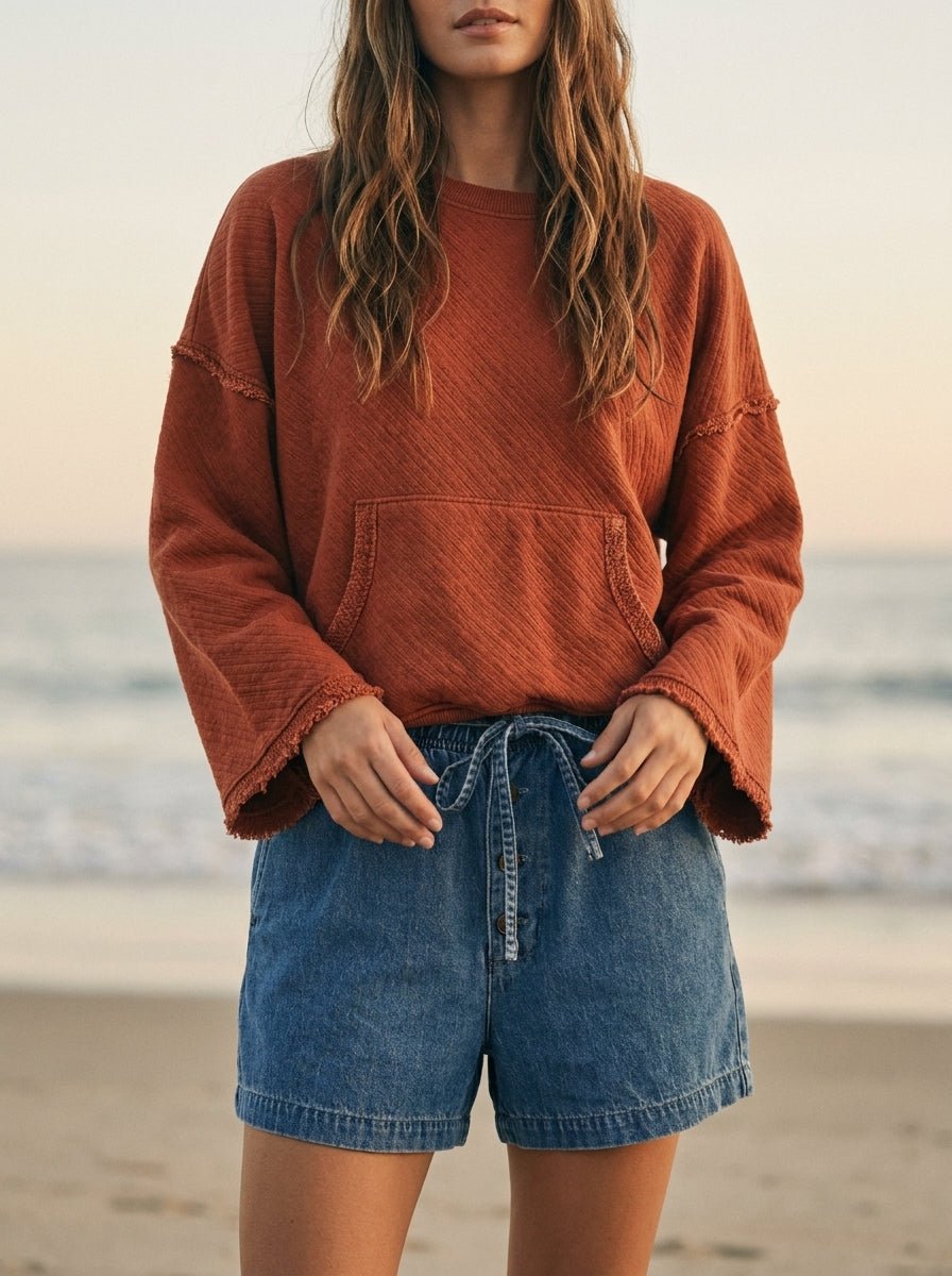 Del Mar Soft Texture Raw Edge Oversized Top - Westly