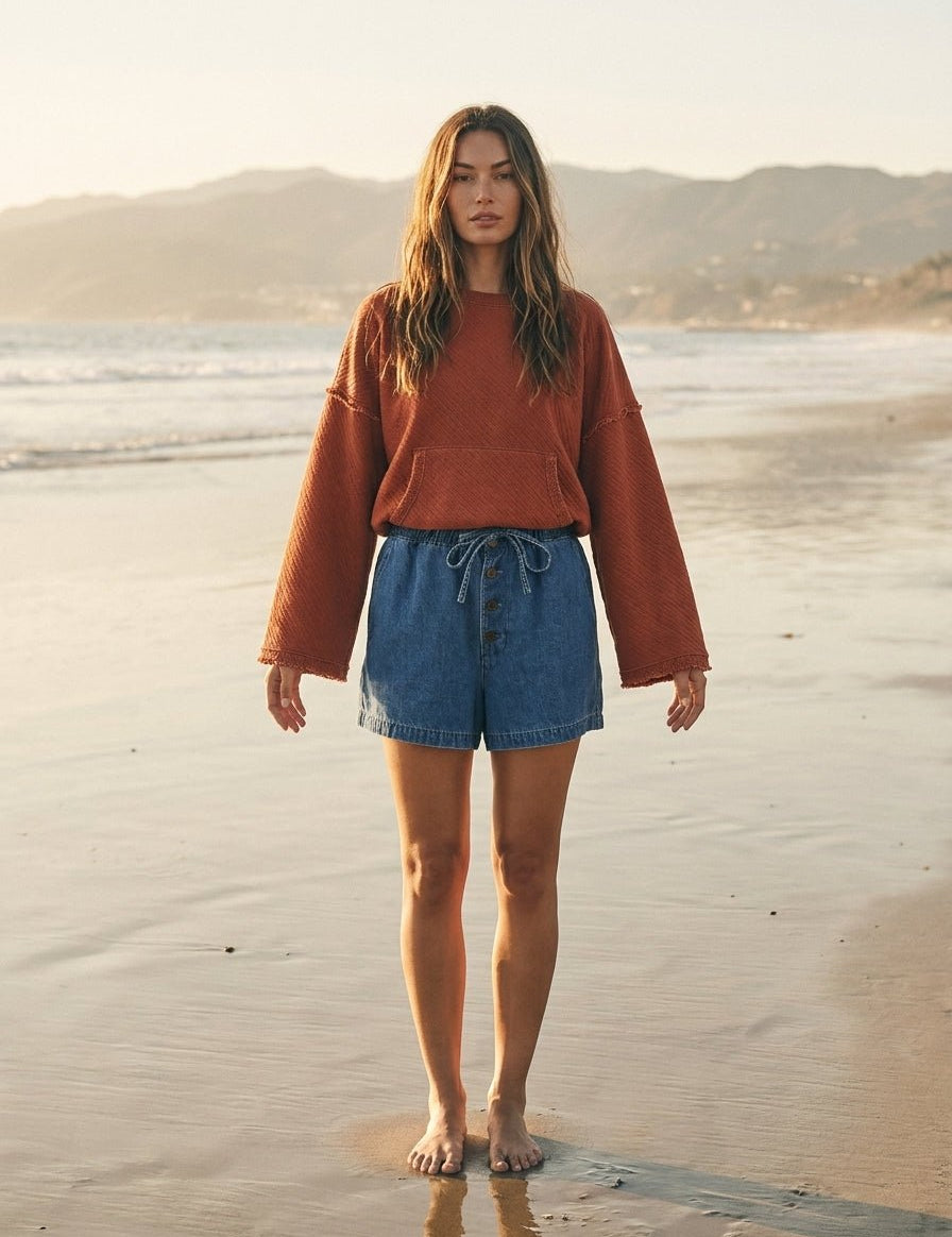 Del Mar Soft Texture Raw Edge Oversized Top - Westly