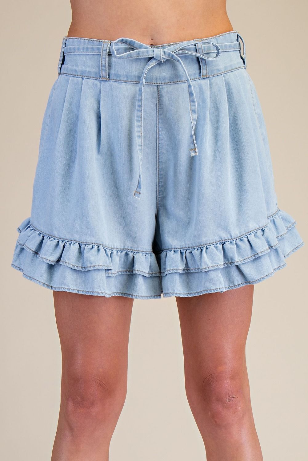 Delaney Ruffled Bottom Washed Denim Shorts - Westly
