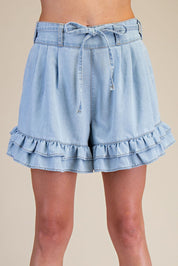 Delaney Ruffled Bottom Washed Denim Shorts - Westly