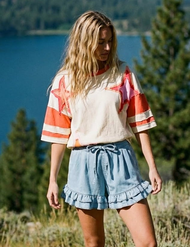 Delaney Ruffled Bottom Washed Denim Shorts - Westly