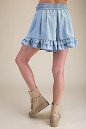 Delaney Ruffled Bottom Washed Denim Shorts - Westly