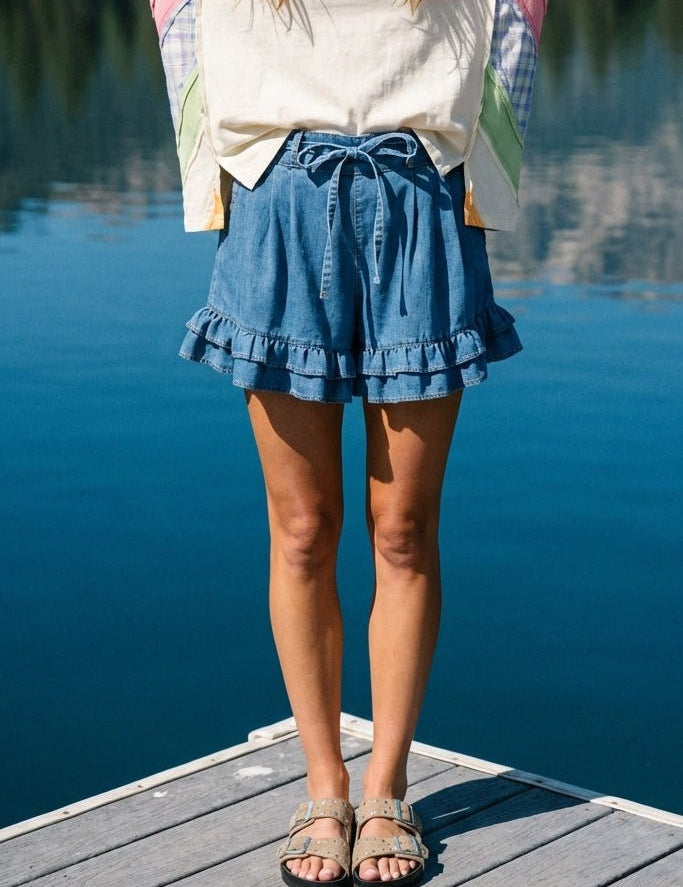 Delaney Ruffled Bottom Washed Denim Shorts - Westly