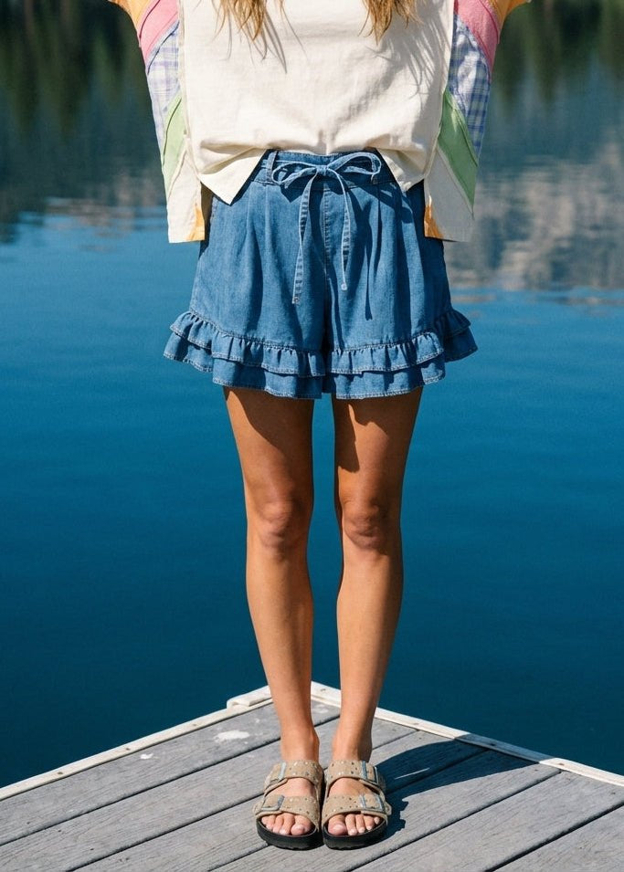 Delaney Ruffled Bottom Washed Denim Shorts - Westly
