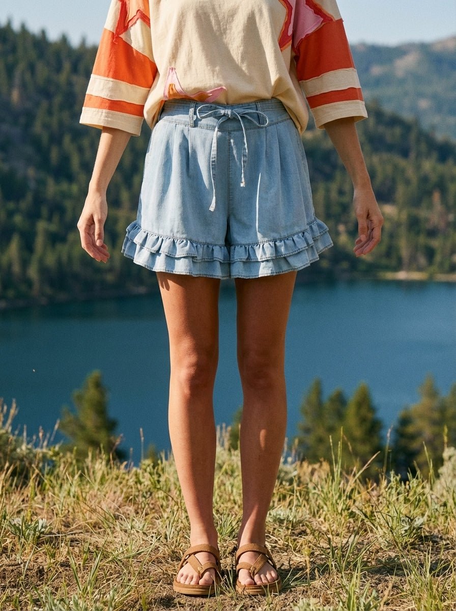 Delaney Ruffled Bottom Washed Denim Shorts - Westly