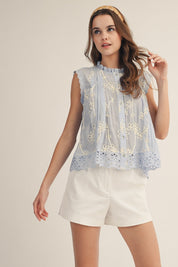 Delicate Blossoms Embroidered Sleeveless Blouse - Westly