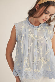 Delicate Blossoms Embroidered Sleeveless Blouse - Westly