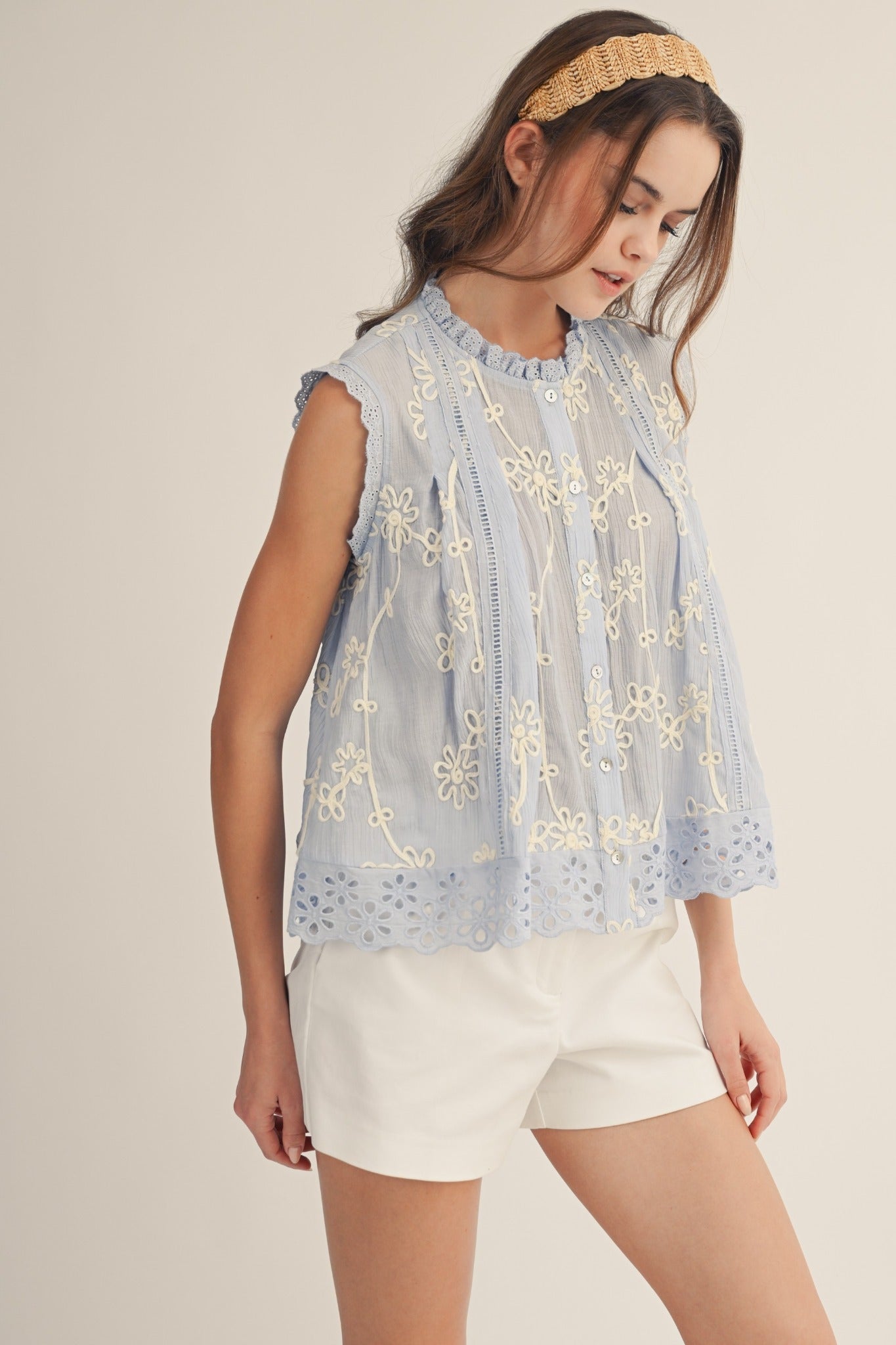 Delicate Blossoms Embroidered Sleeveless Blouse - Westly