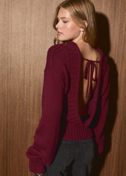 Delphine Open Back Tie Knit Sweater in Maroon — product photo 01