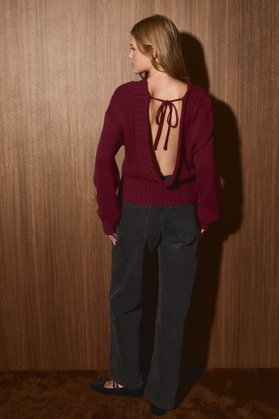 Delphine Open Back Tie Knit Sweater in Maroon — product photo 05