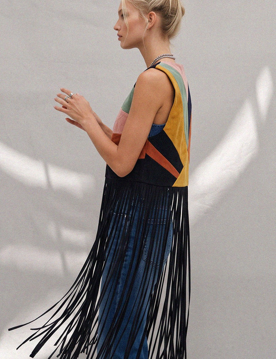 Desert Solstice Colorblock Fringe Vest - Black