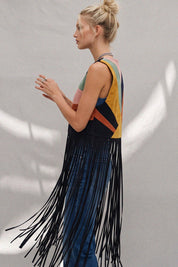 Desert Solstice Colorblock Fringe Vest - Black