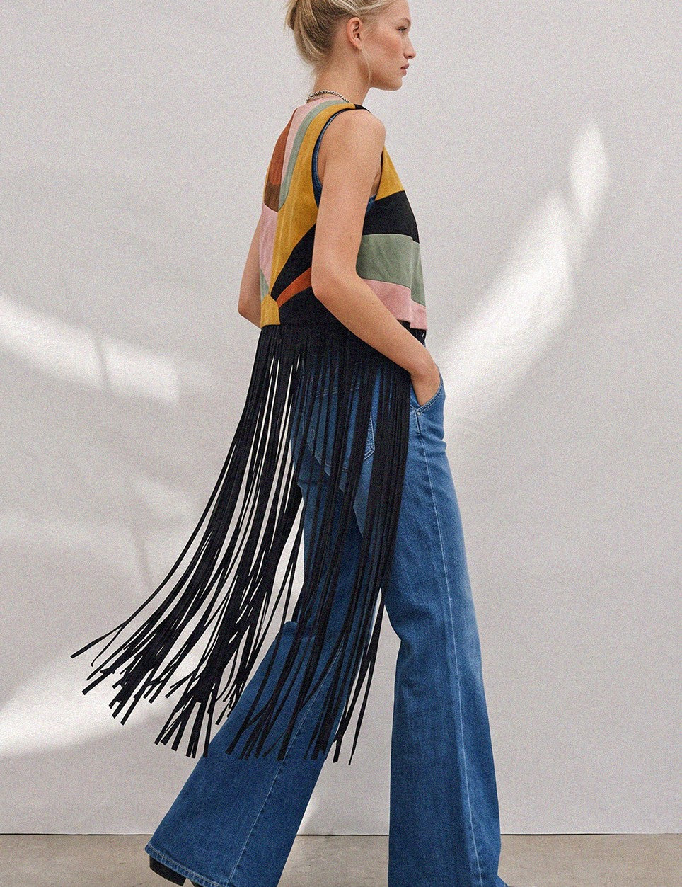 Desert Solstice Colorblock Fringe Vest - Black