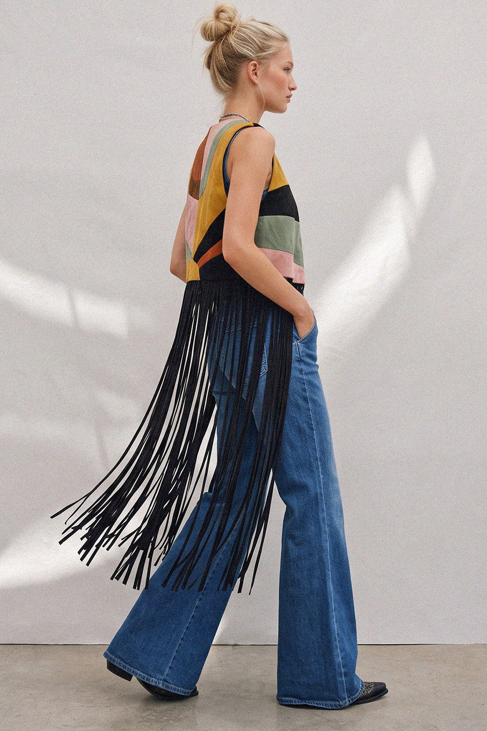Desert Solstice Colorblock Fringe Vest - Black