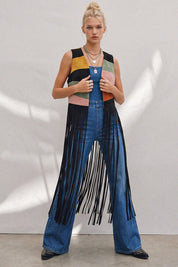 Desert Solstice Colorblock Fringe Vest - Black