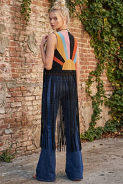Desert Solstice Colorblock Fringe Vest - Black
