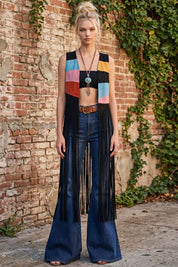 Desert Solstice Colorblock Fringe Vest - Black