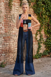 Desert Solstice Colorblock Fringe Vest - Black