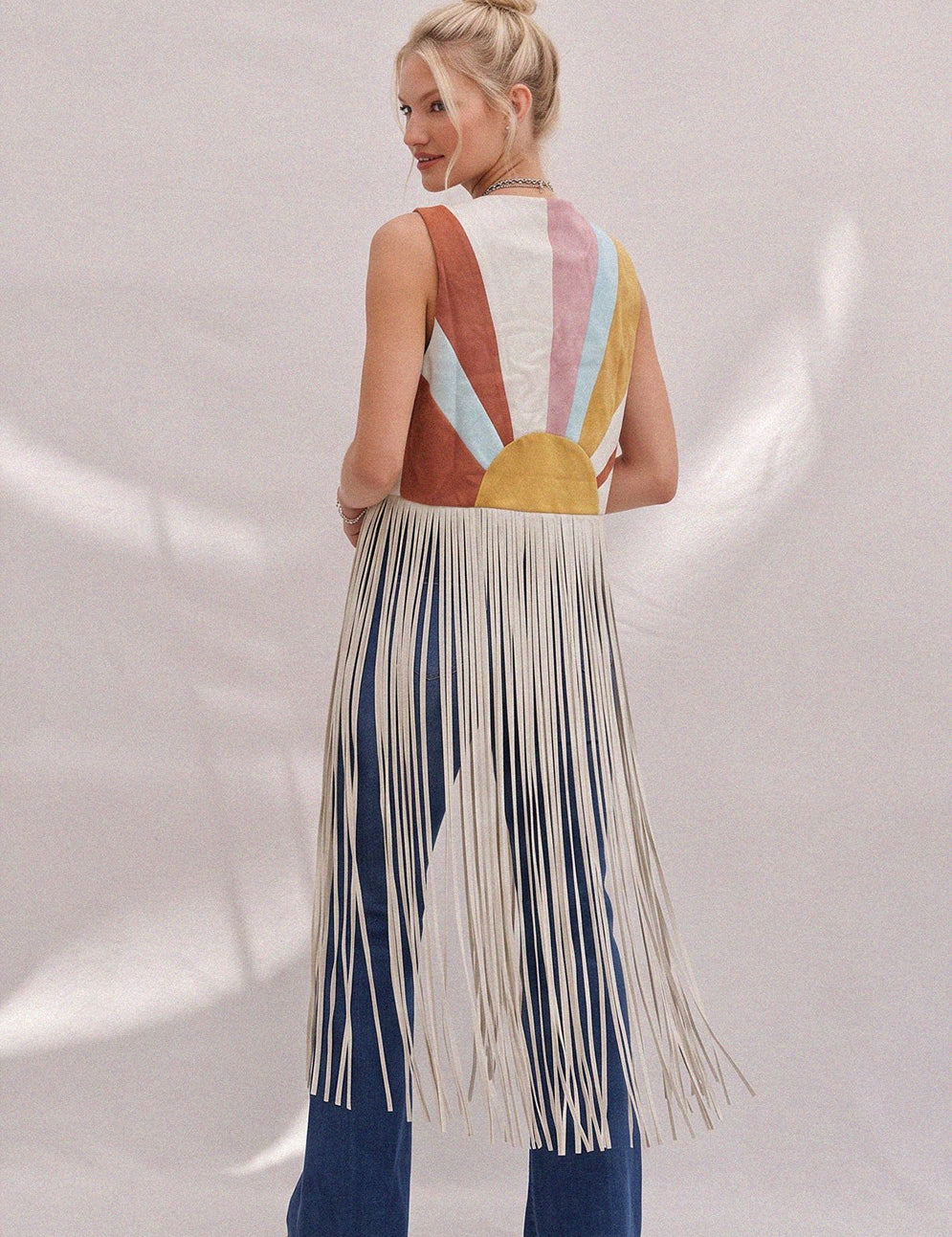 Desert Solstice Colorblock Fringe Vest - Multi Teal