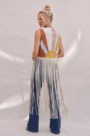 Desert Solstice Colorblock Fringe Vest - Multi Teal