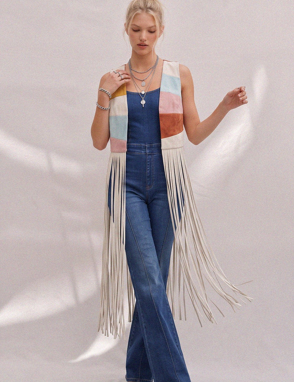 Desert Solstice Colorblock Fringe Vest - Multi Teal