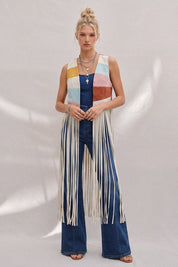 Desert Solstice Colorblock Fringe Vest - Multi Teal