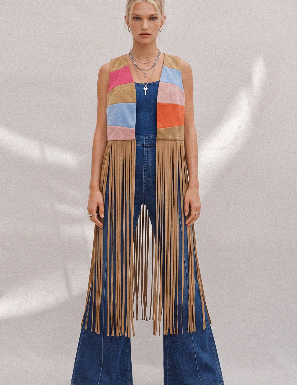 Desert Solstice Colorblock Fringe Vest - Tan Multi