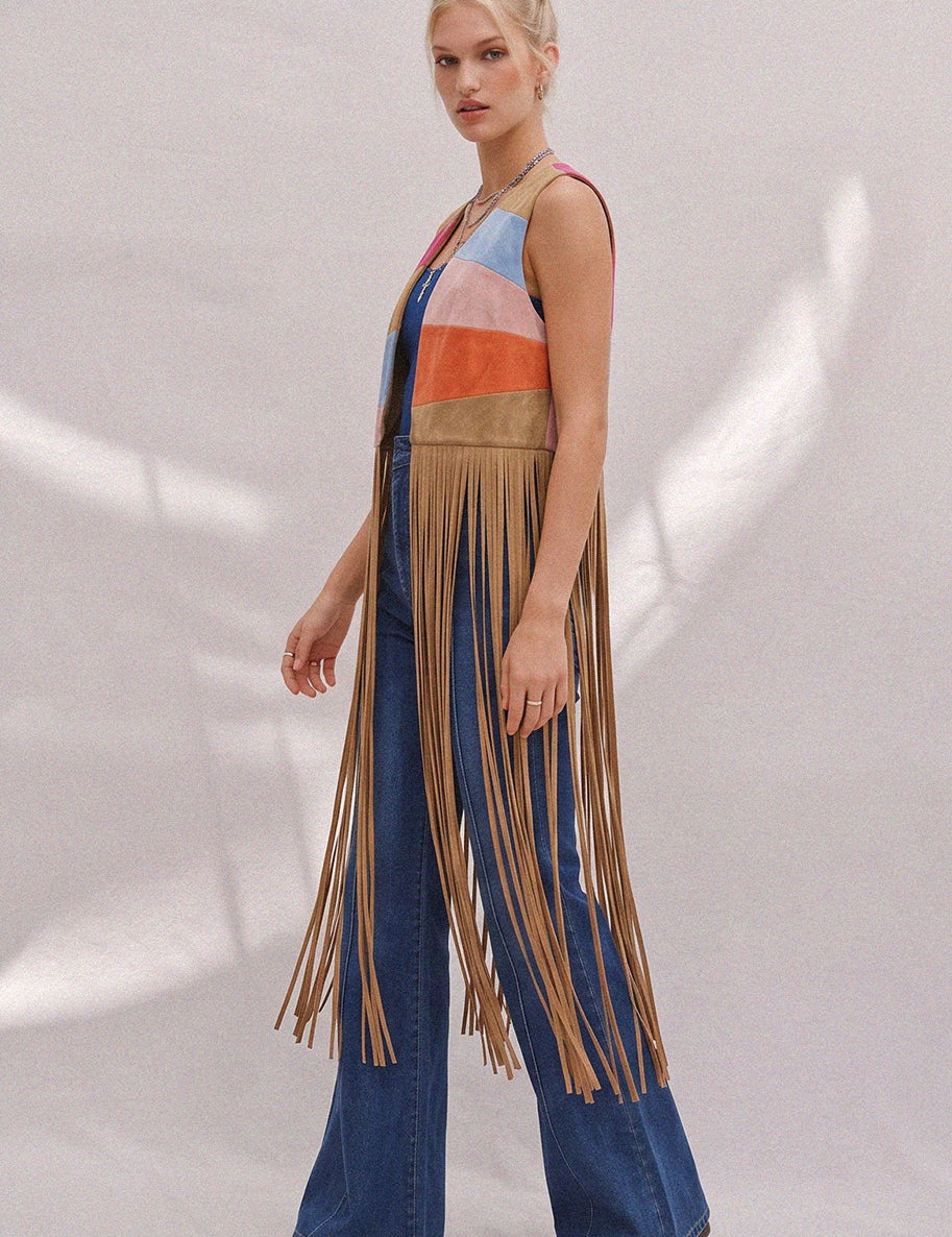 Desert Solstice Colorblock Fringe Vest - Tan Multi