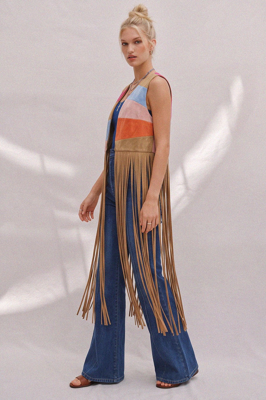 Desert Solstice Colorblock Fringe Vest - Tan Multi