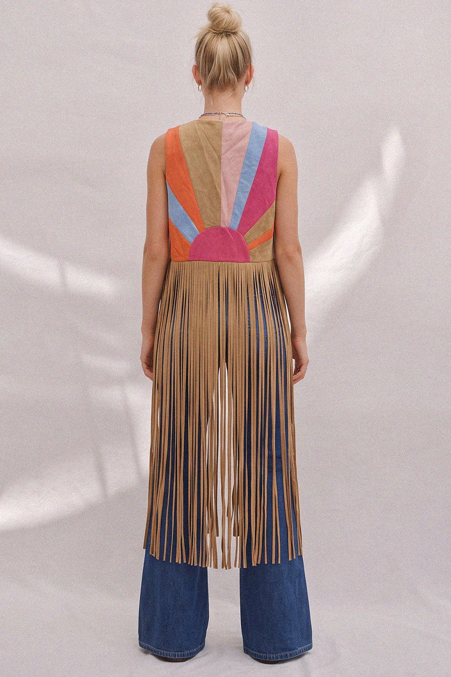 Desert Solstice Colorblock Fringe Vest - Tan Multi