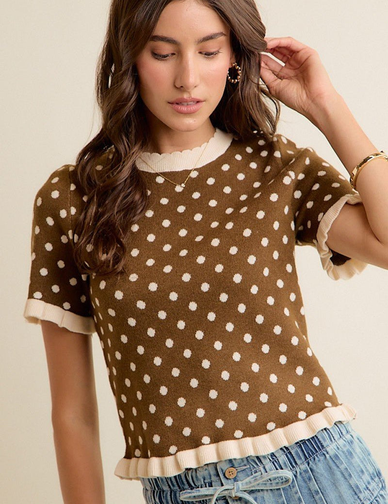 Dot Matrix Ruffle Trim Knit Top - Westly