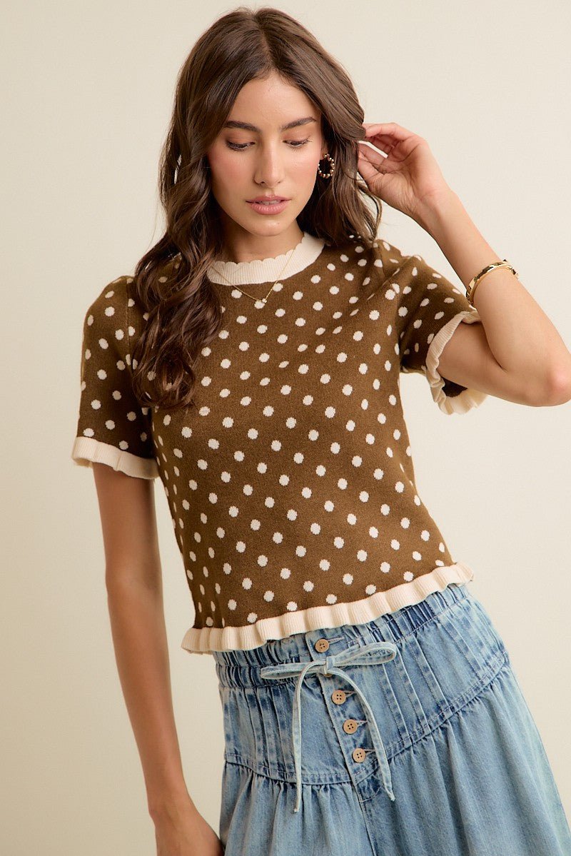 Dot Matrix Ruffle Trim Knit Top - Westly