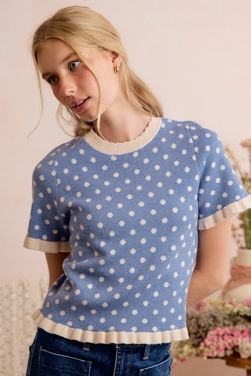 Dot Matrix Ruffle Trim Knit Top - Westly