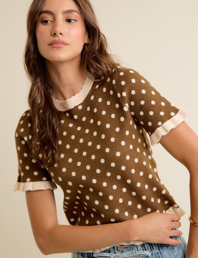 Dot Matrix Ruffle Trim Knit Top - Westly