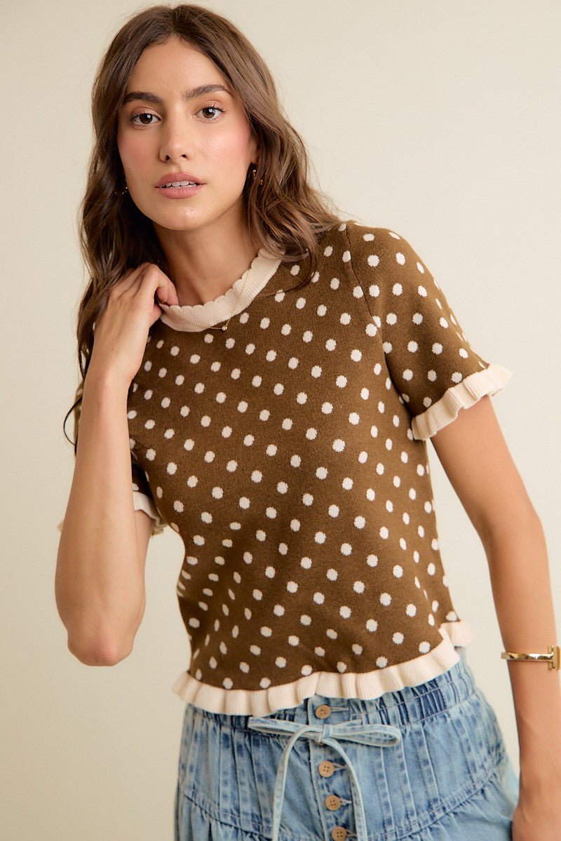 Dot Matrix Ruffle Trim Knit Top - Westly