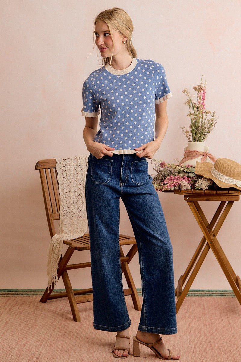 Dot Matrix Ruffle Trim Knit Top - Westly