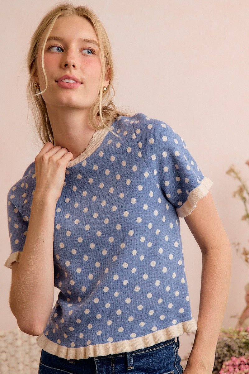 Dot Matrix Ruffle Trim Knit Top - Westly