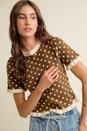 Dot Matrix Ruffle Trim Knit Top - Westly