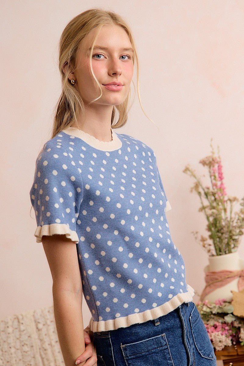 Dot Matrix Ruffle Trim Knit Top - Westly