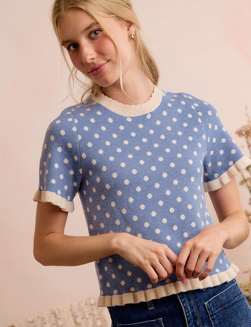 Dot Matrix Ruffle Trim Knit Top - Westly