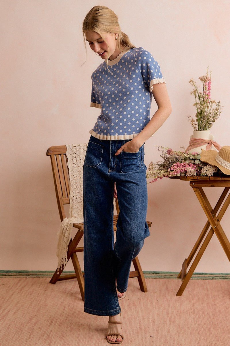 Dot Matrix Ruffle Trim Knit Top - Westly