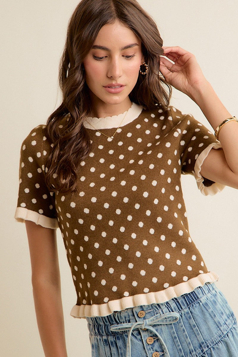Dot Matrix Ruffle Trim Knit Top - Brown Ivory